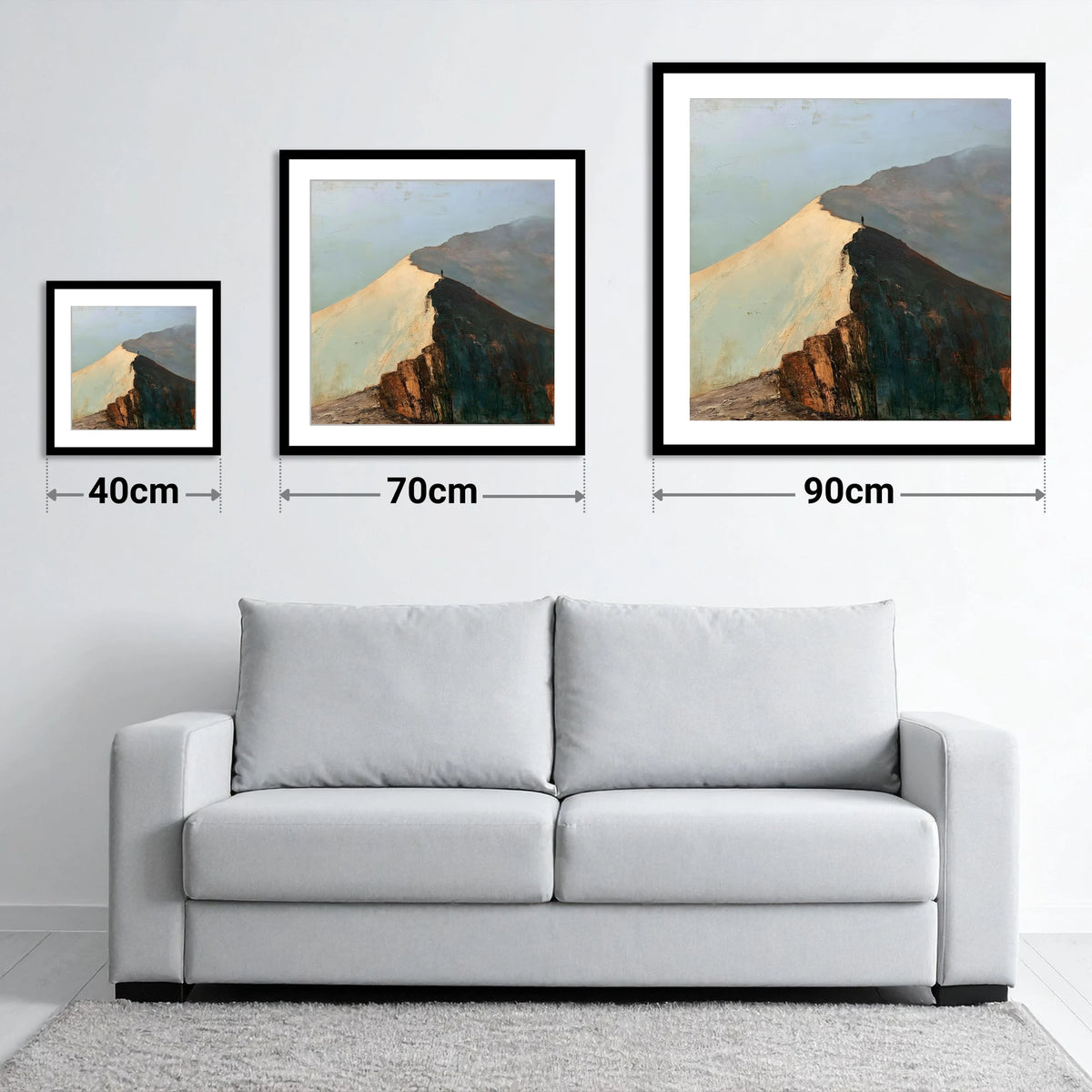 Golden Light on Striding Edge - size guide showing 40cm, 70cm and 90cm art prints