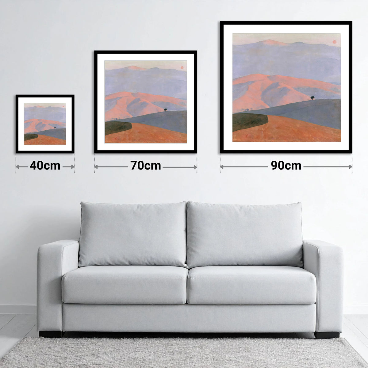 Pastel Fells in Evening Light - size guide showing 40cm, 70cm and 90cm art prints