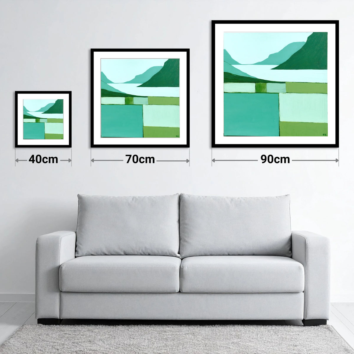 Wasdale Valley in Mint and Teal - size guide showing 40cm, 70cm and 90cm art prints