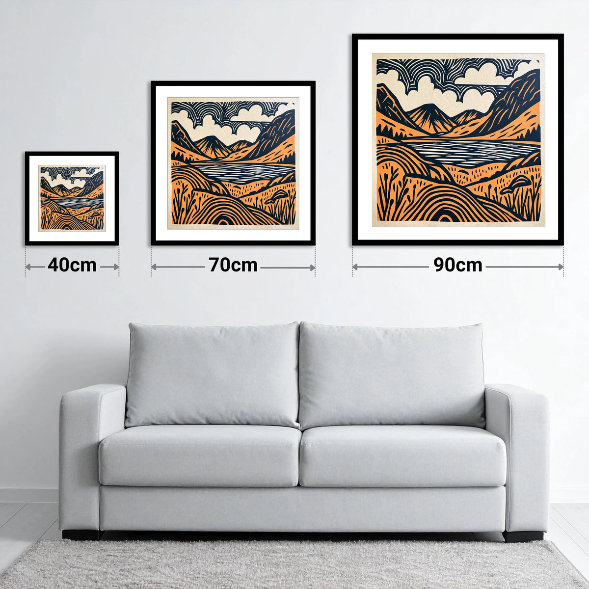 Ennerdale Water in Terracotta and Navy - size guide showing 40cm, 70cm and 90cm art prints
