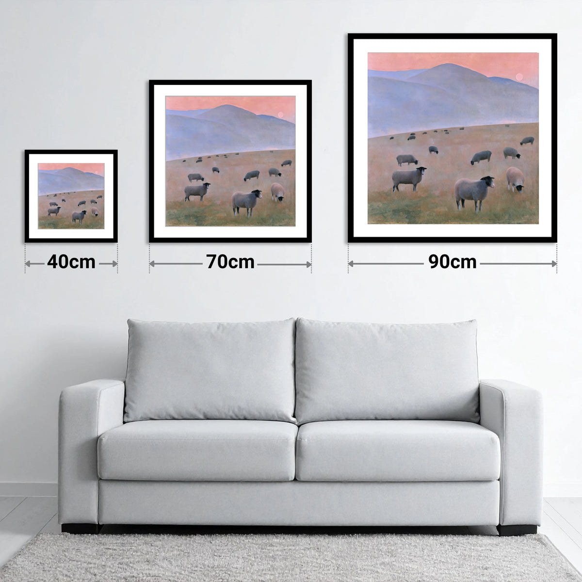 Herdwick Sheep on Pastel Fells - size guide showing 40cm, 70cm and 90cm art prints