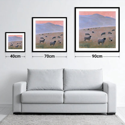 Herdwick Sheep on Pastel Fells - size guide showing 40cm, 70cm and 90cm art prints