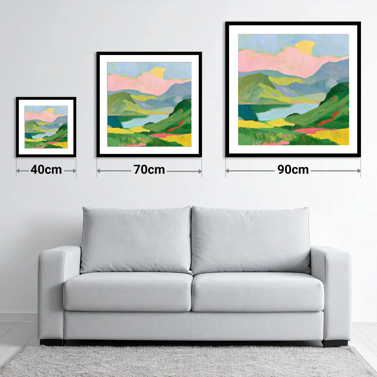 Vibrant Fells and Mountain Lake - size guide showing 40cm, 70cm and 90cm art prints