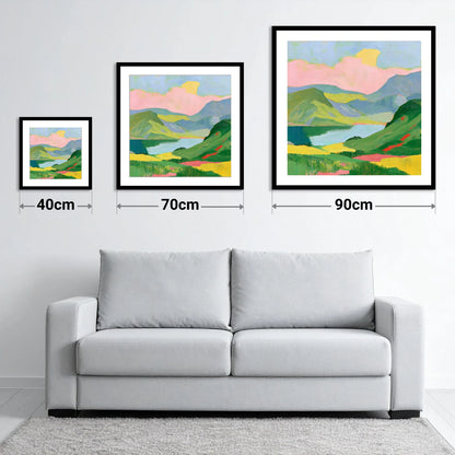 Vibrant Fells and Mountain Lake - size guide showing 40cm, 70cm and 90cm art prints