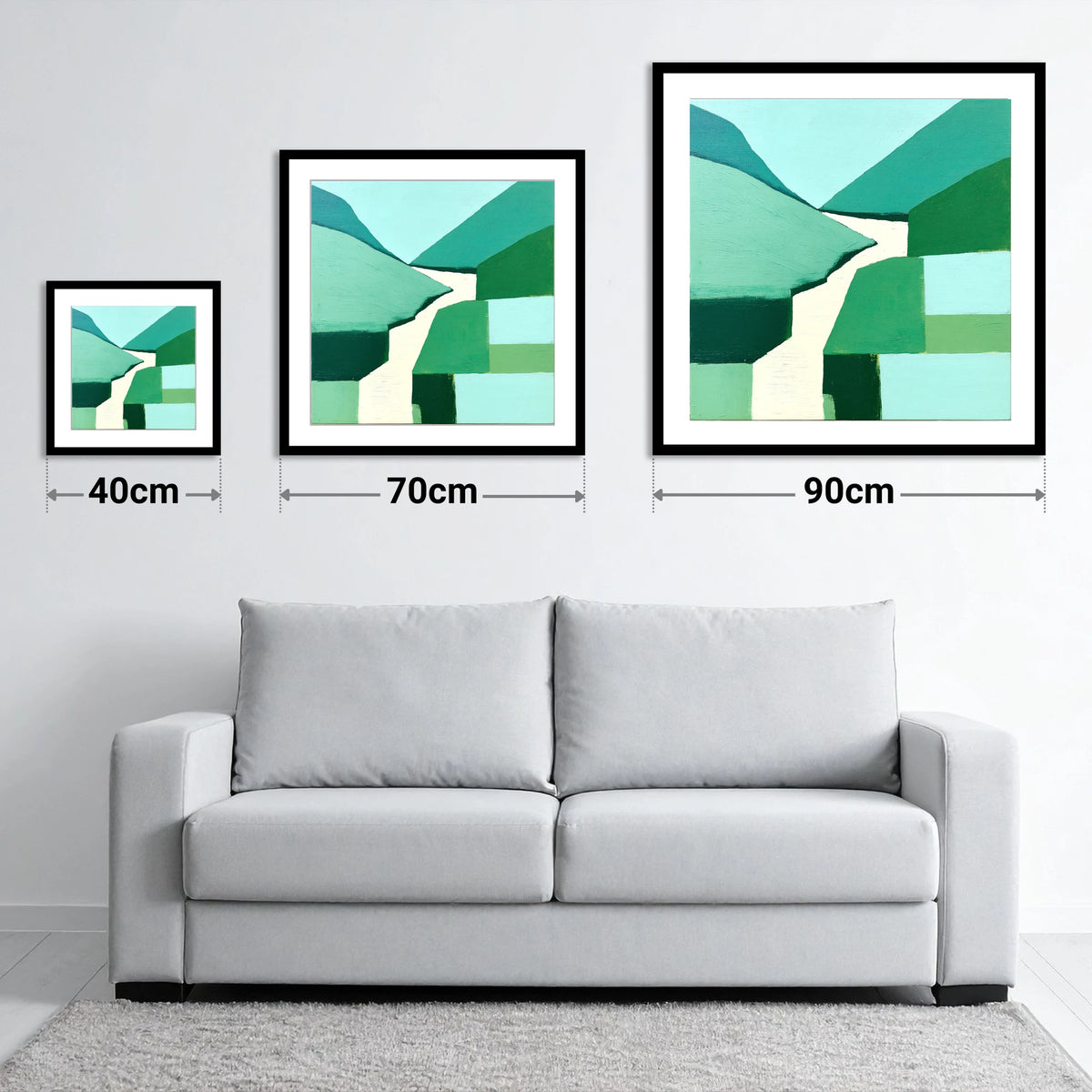 Abstract Sour Milk Gill Waterfall - size guide showing 40cm, 70cm and 90cm art prints