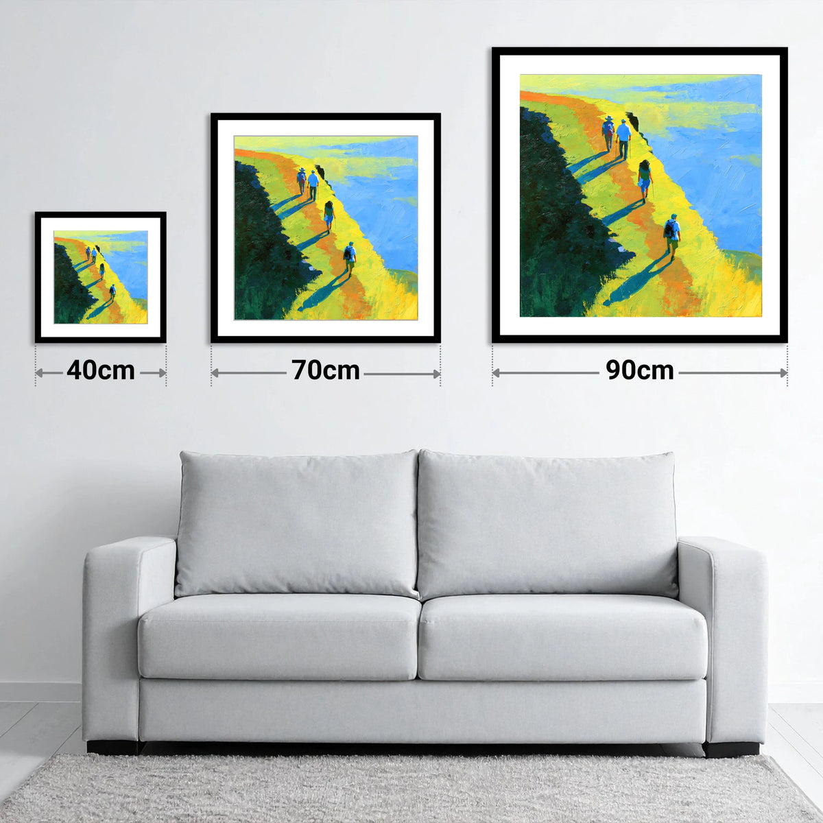 Fell Walkers on a Sunlit Ridge - size guide showing 40cm, 70cm and 90cm art prints