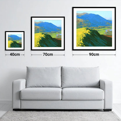 Sunlit Ridge on Black Fell - size guide showing 40cm, 70cm and 90cm art prints