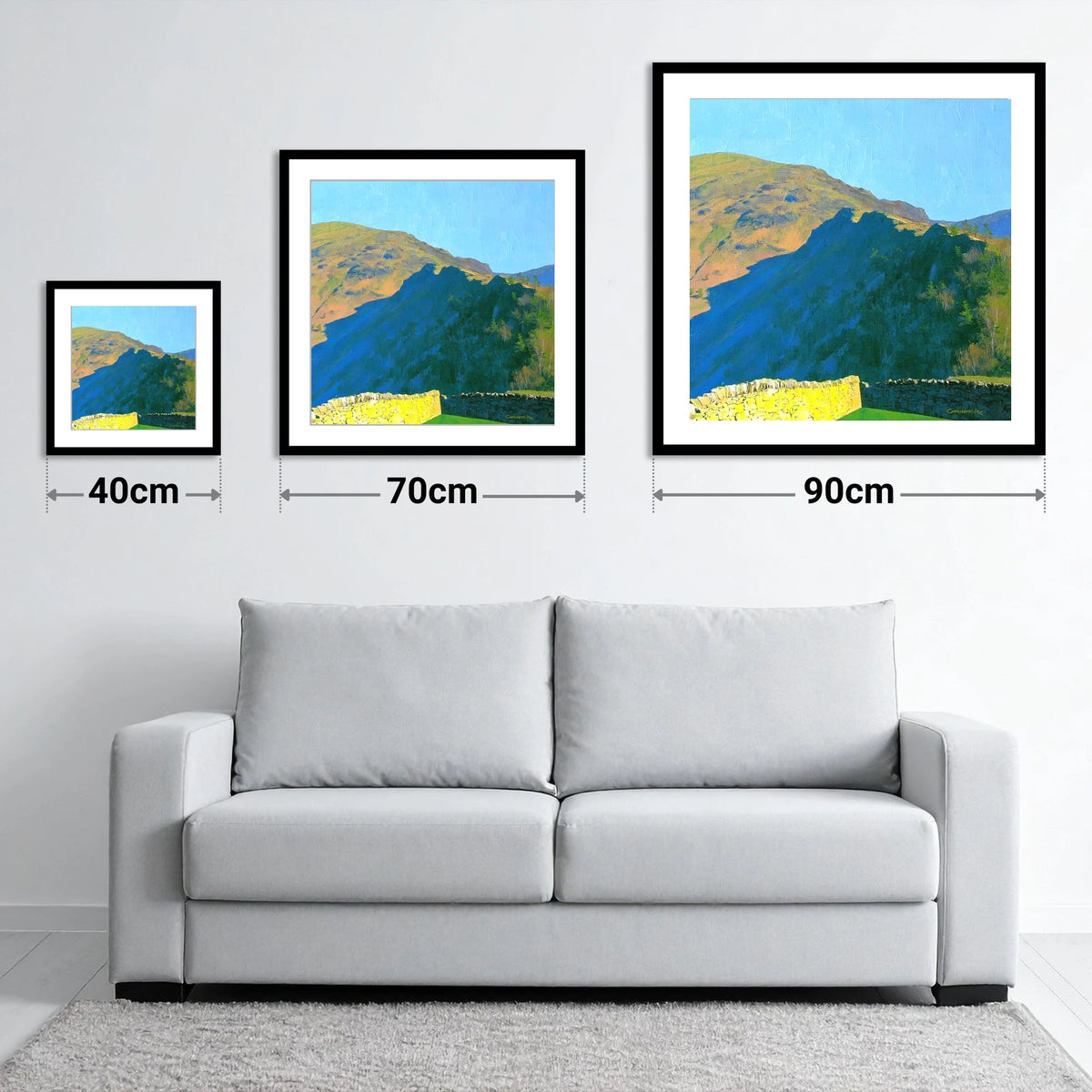 Grange Fell Ridge Bold Shadows - size guide showing 40cm, 70cm and 90cm art prints