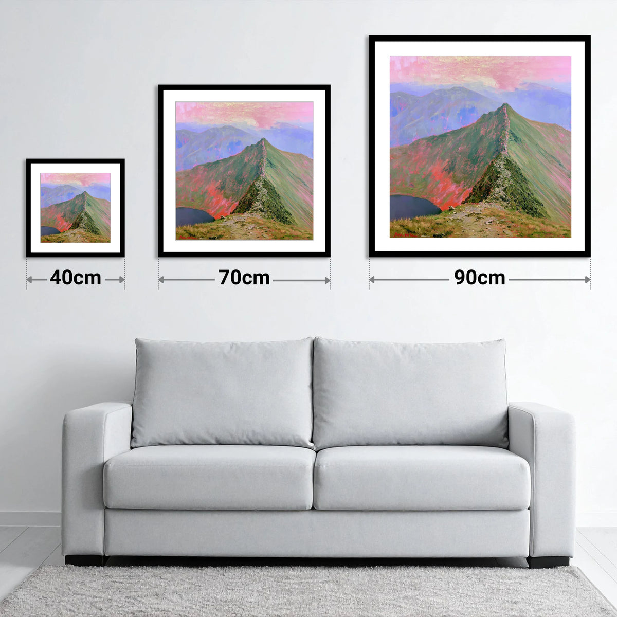 Striding Edge Beneath a Pink Sky - size guide showing 40cm, 70cm and 90cm art prints