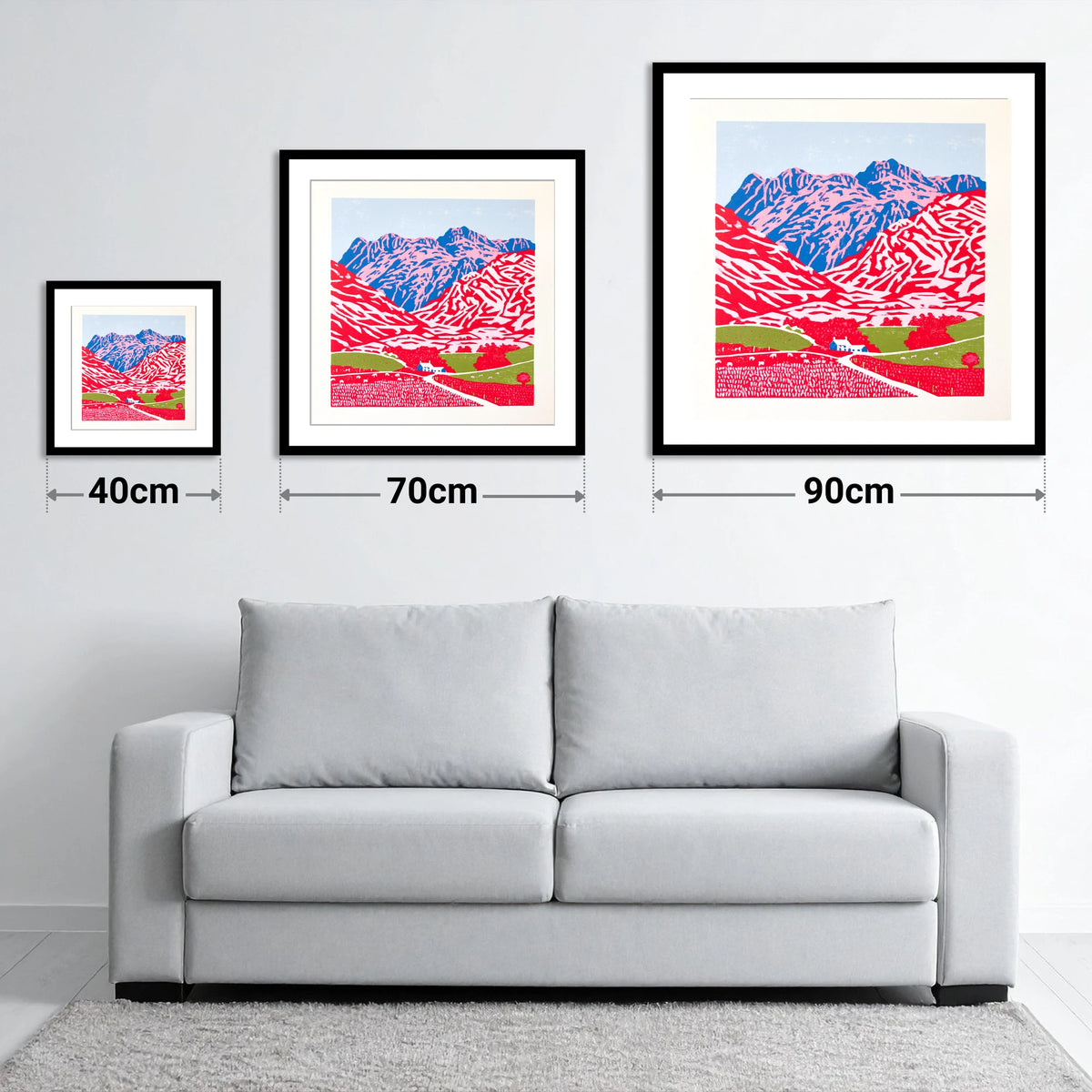 Vibrant Great Langdale Fells - size guide showing 40cm, 70cm and 90cm art prints