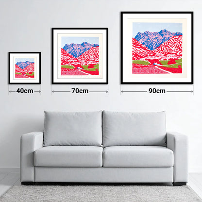 Vibrant Great Langdale Fells - size guide showing 40cm, 70cm and 90cm art prints
