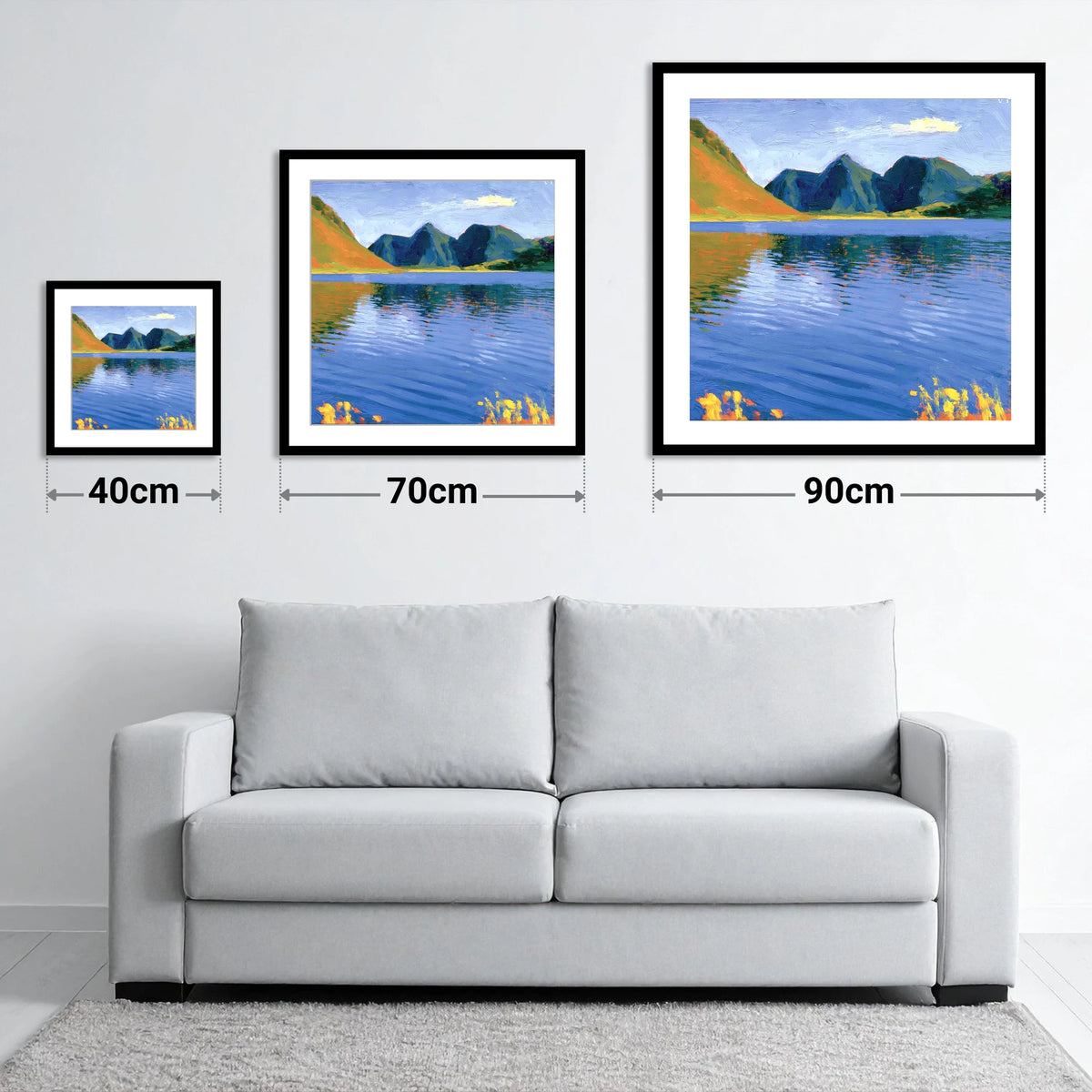 Vibrant Reflections on Loweswater - size guide showing 40cm, 70cm and 90cm art prints