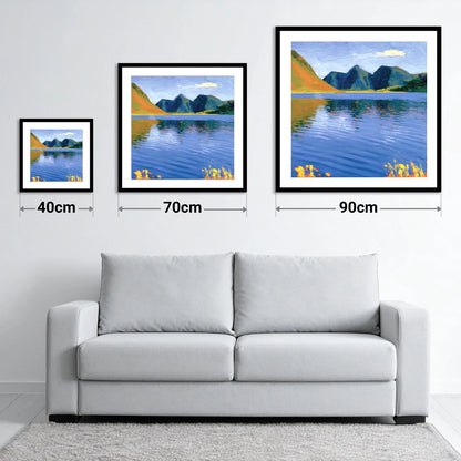 Vibrant Reflections on Loweswater - size guide showing 40cm, 70cm and 90cm art prints