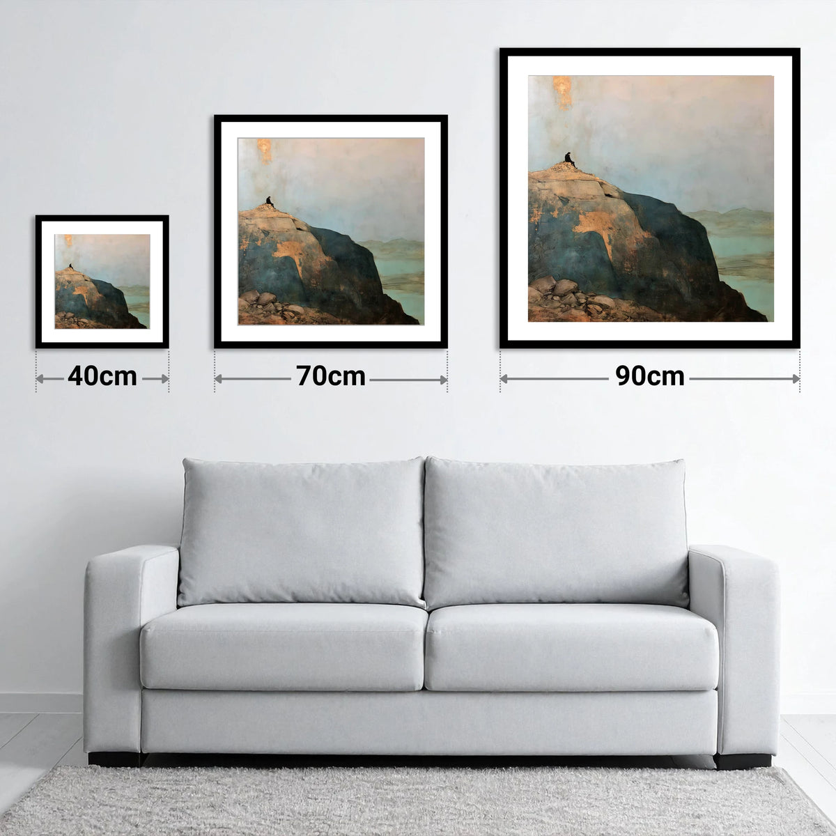 Silhouette on Scafell Pike Summit - size guide showing 40cm, 70cm and 90cm art prints