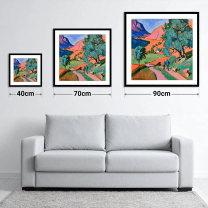 Vibrant Glenridding Dog Walk - size guide showing 40cm, 70cm and 90cm art prints