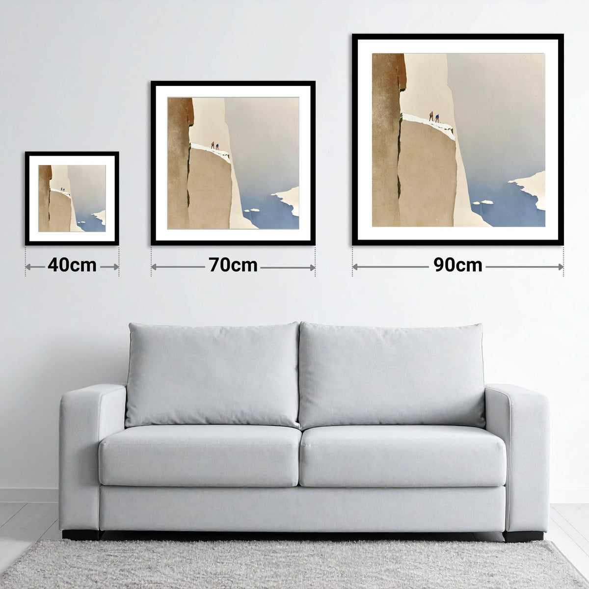 Climbers on a Snowy Precipice - size guide showing 40cm, 70cm and 90cm art prints