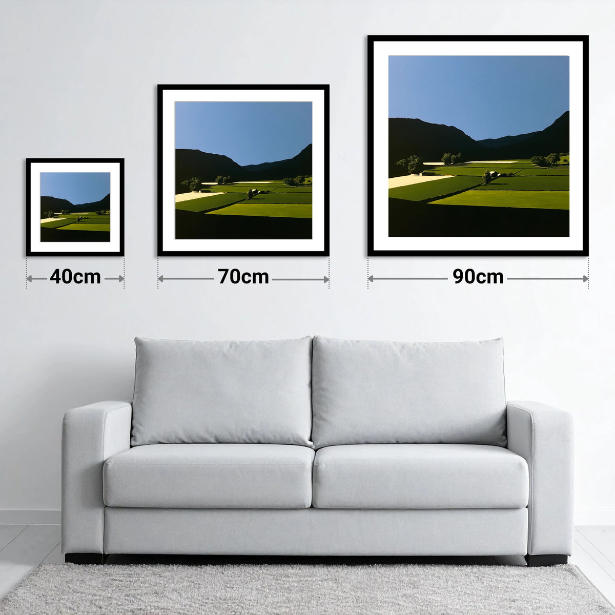 Sunlit Patchwork Fields in a Dale - size guide showing 40cm, 70cm and 90cm art prints