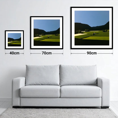Sunlit Patchwork Fields in a Dale - size guide showing 40cm, 70cm and 90cm art prints