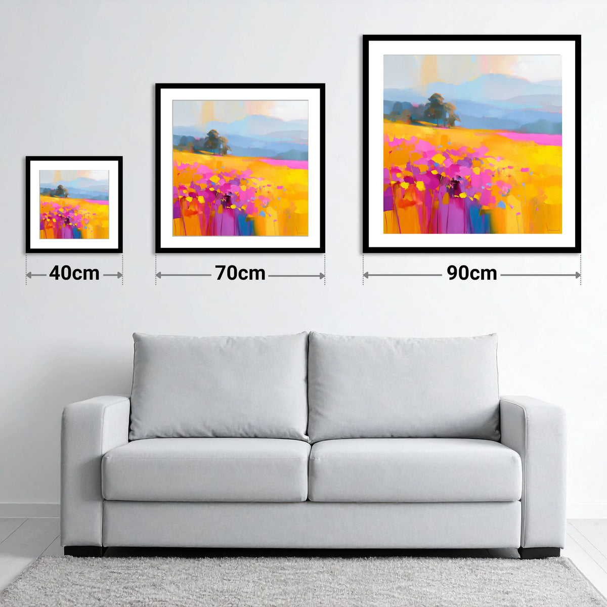 Vibrant Upland Hay Meadow - size guide showing 40cm, 70cm and 90cm art prints
