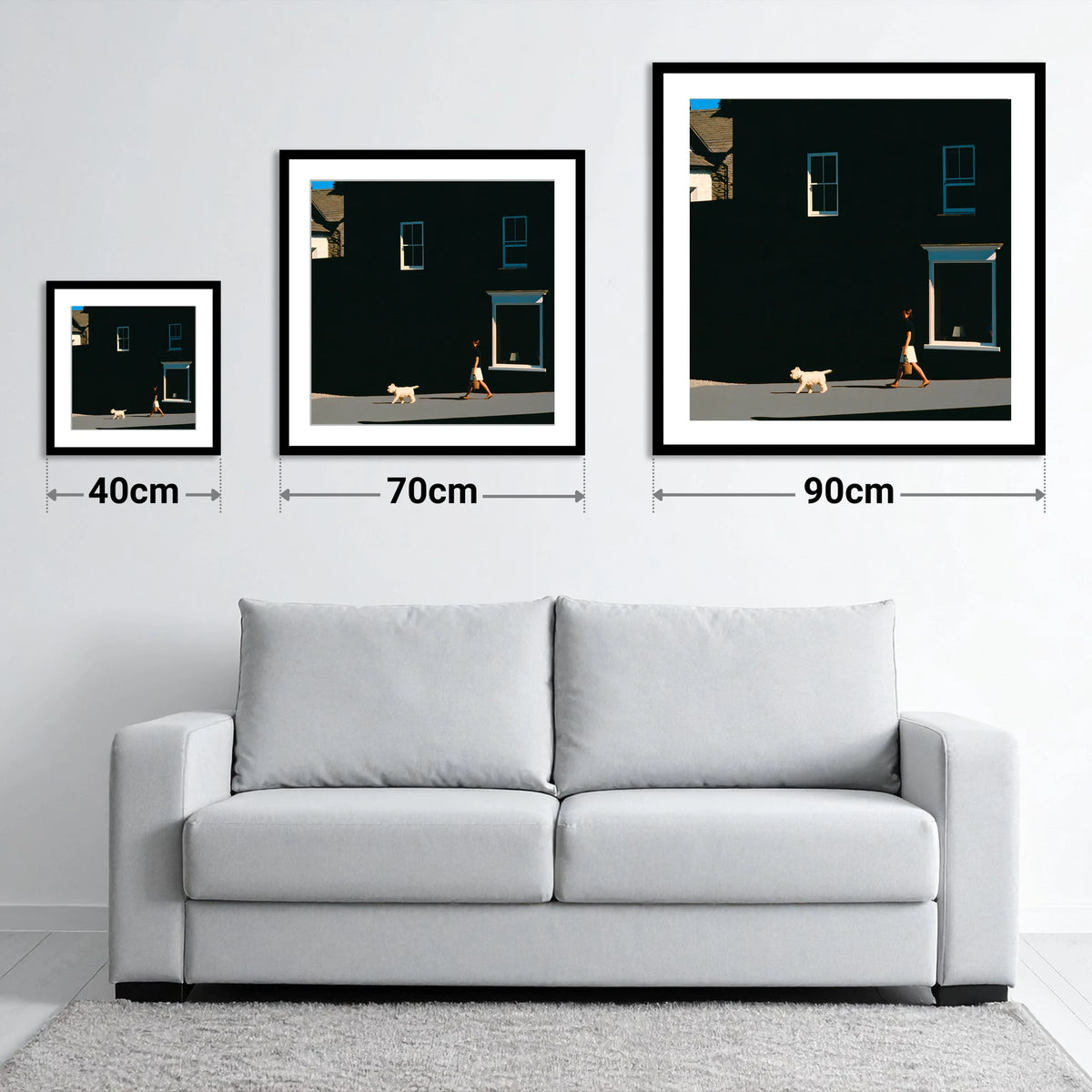 Sunlit Dog Walker in Ambleside - size guide showing 40cm, 70cm and 90cm art prints