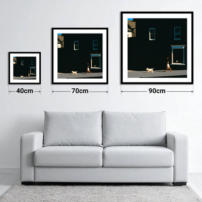 Sunlit Dog Walker in Ambleside - size guide showing 40cm, 70cm and 90cm art prints