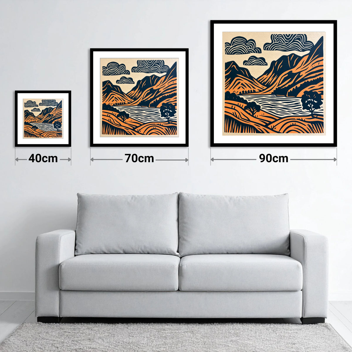 Buttermere Valley in Navy and Terracotta - size guide showing 40cm, 70cm and 90cm art prints