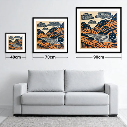 Buttermere Valley in Navy and Terracotta - size guide showing 40cm, 70cm and 90cm art prints