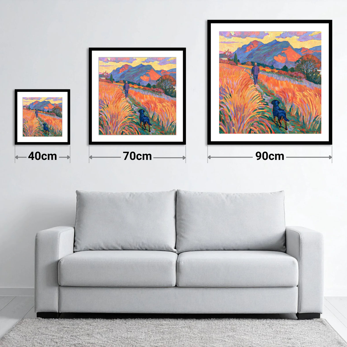 Vibrant Keswick Fells Dog Walk - size guide showing 40cm, 70cm and 90cm art prints