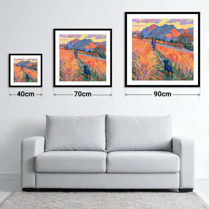 Vibrant Keswick Fells Dog Walk - size guide showing 40cm, 70cm and 90cm art prints