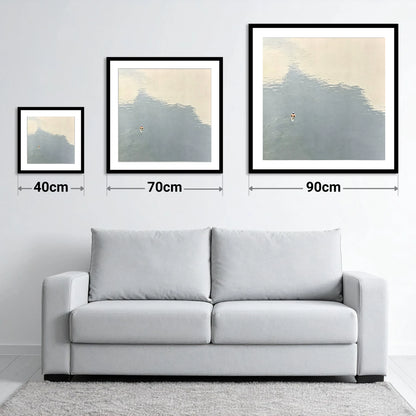Lone Swimmer on Windermere - size guide showing 40cm, 70cm and 90cm art prints
