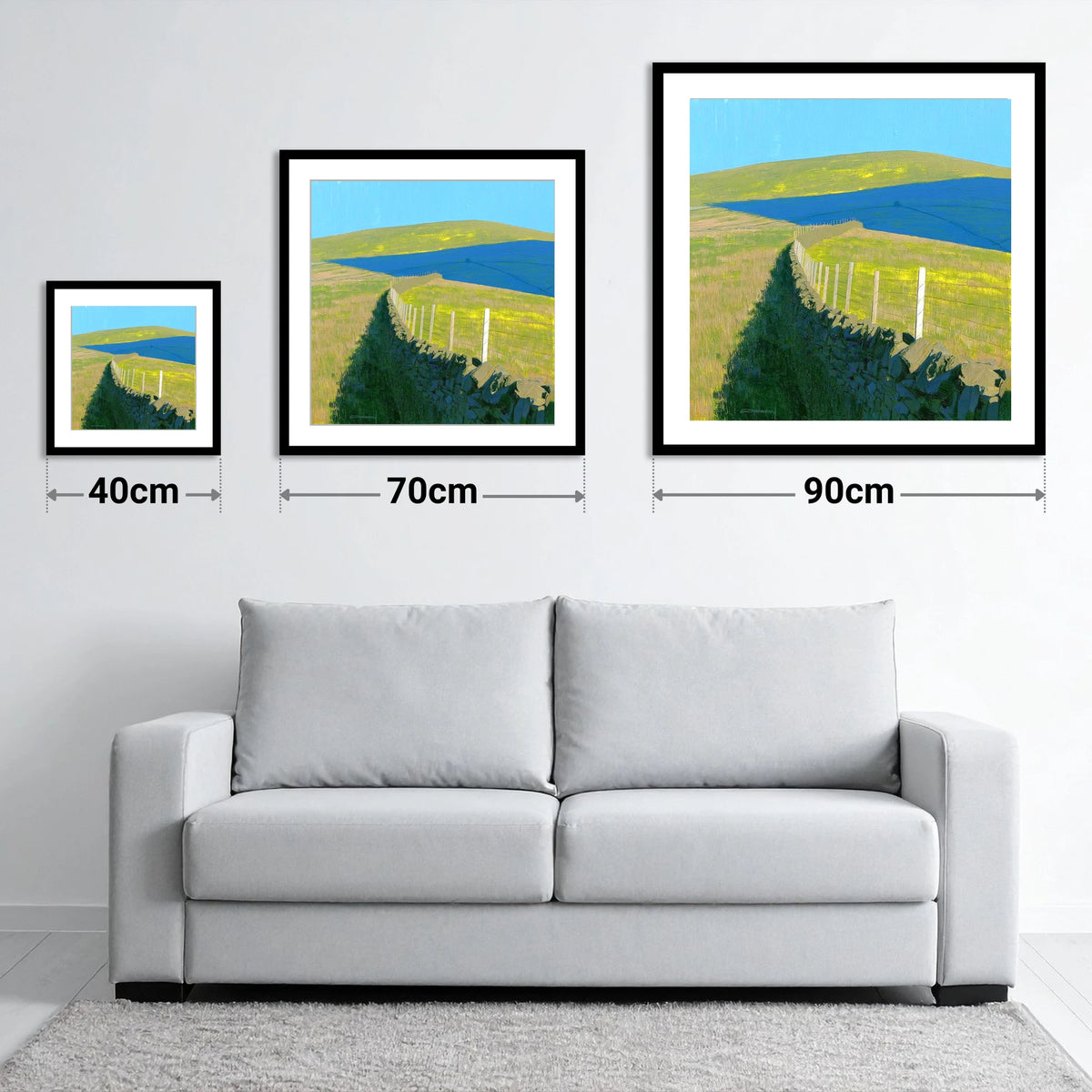 Vibrant Shadows on Loadpot Hill - size guide showing 40cm, 70cm and 90cm art prints