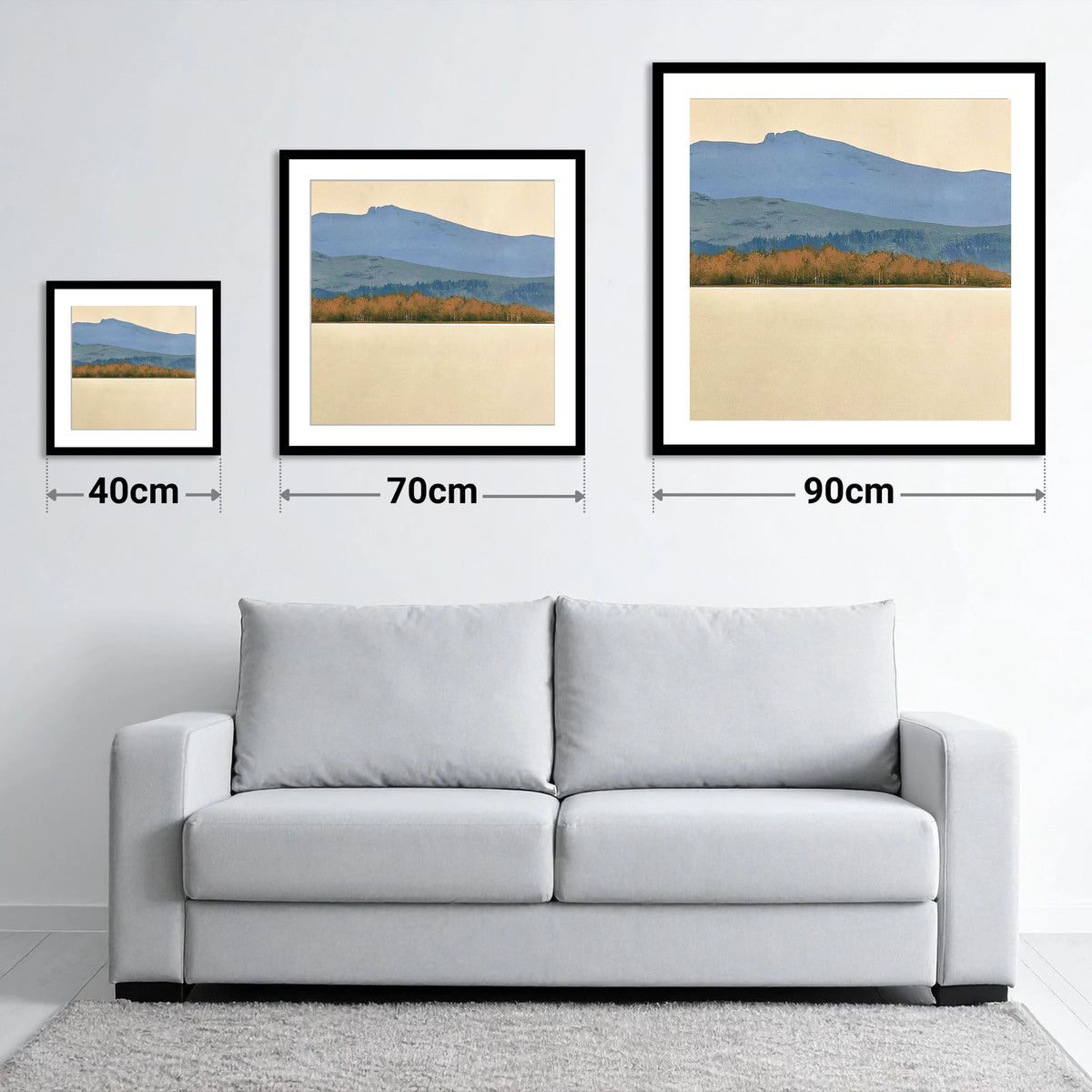 Windermere Autumn Woodland and Slate Fells - size guide showing 40cm, 70cm and 90cm art prints