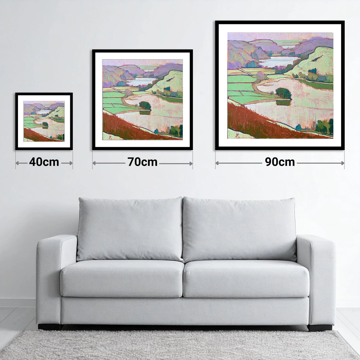 Vivid Grasmere Above Red Bracken - size guide showing 40cm, 70cm and 90cm art prints