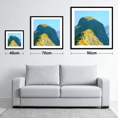 Sunlit Pike of Stickle Dome - size guide showing 40cm, 70cm and 90cm art prints