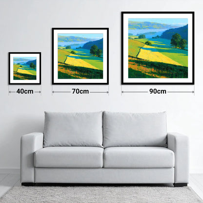 Sunlight and Shadow over Valley Fields - size guide showing 40cm, 70cm and 90cm art prints