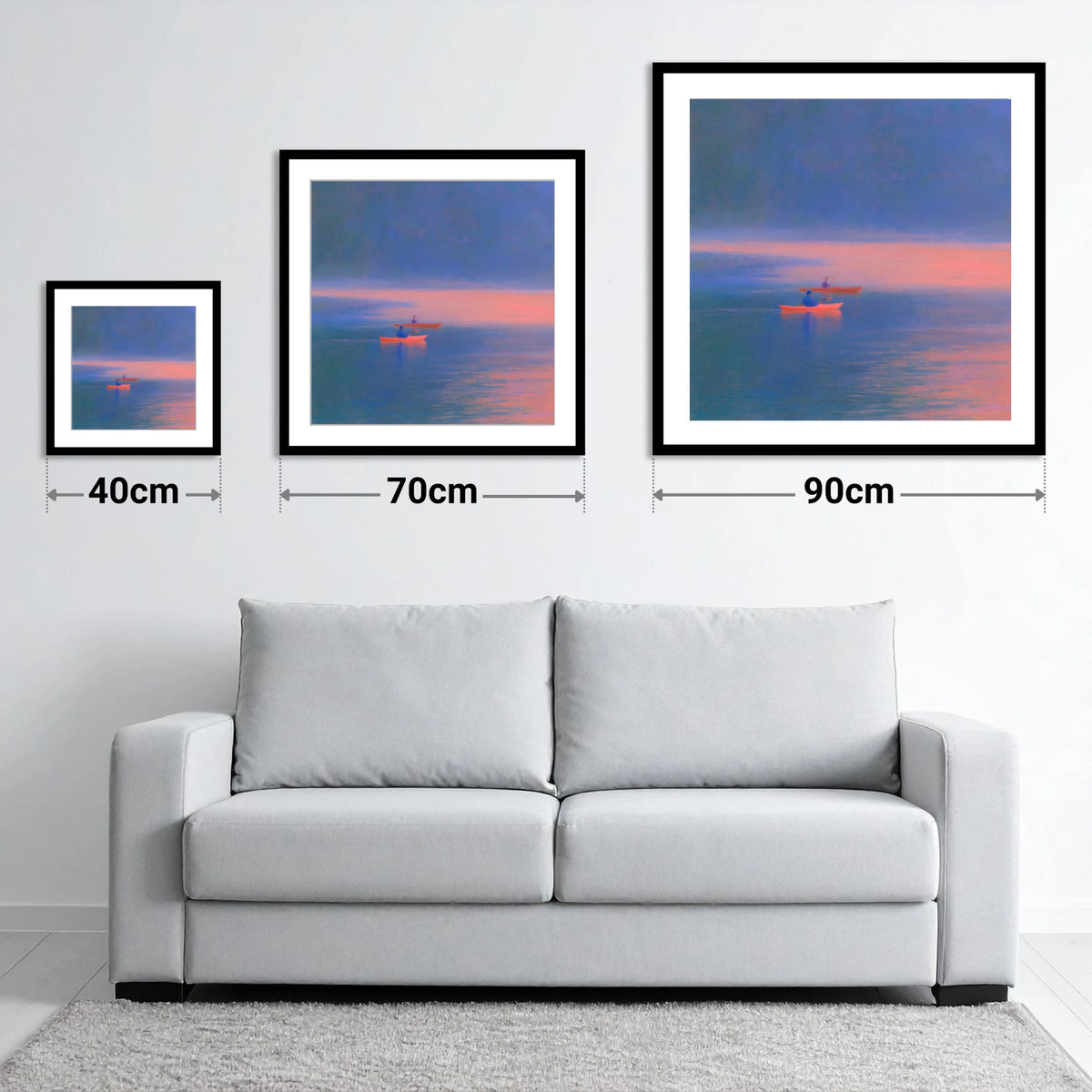 Twilight Kayaks on the Lake - size guide showing 40cm, 70cm and 90cm art prints