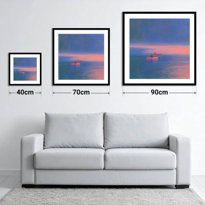 Twilight Kayaks on the Lake - size guide showing 40cm, 70cm and 90cm art prints