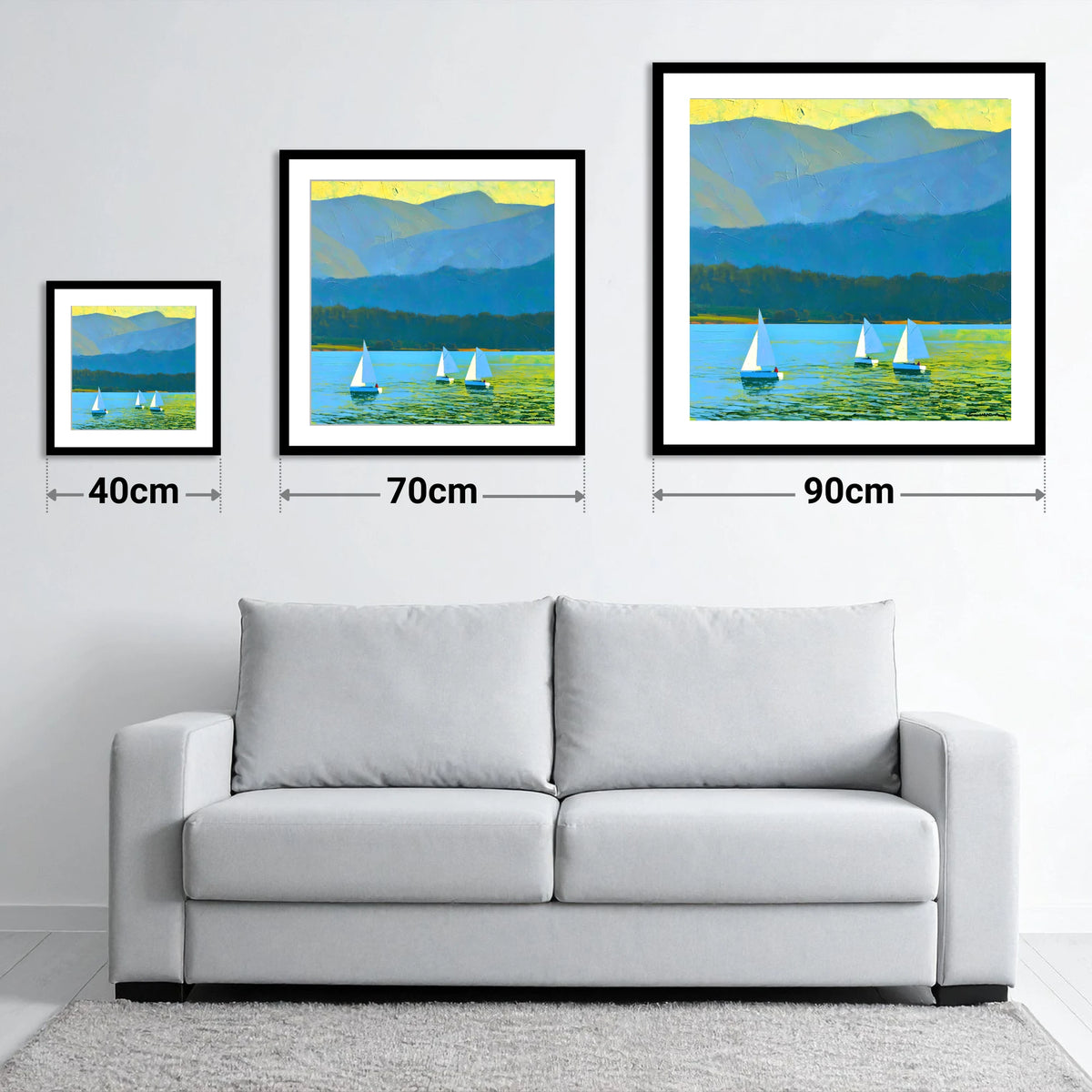 Windermere Sailboats Against Blue Fells - size guide showing 40cm, 70cm and 90cm art prints