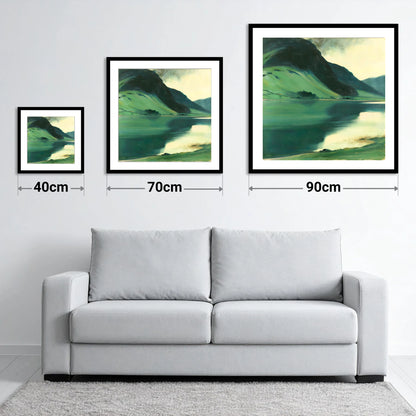 Emerald Fells Over the Lake - size guide showing 40cm, 70cm and 90cm art prints