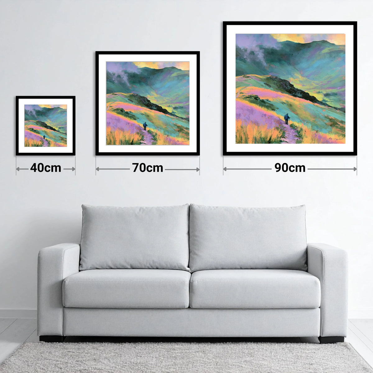 Lone Hiker on Pastel Fells - size guide showing 40cm, 70cm and 90cm art prints