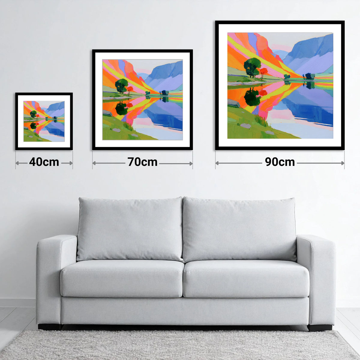 Bright Fells Reflected in Calm Lake - size guide showing 40cm, 70cm and 90cm art prints