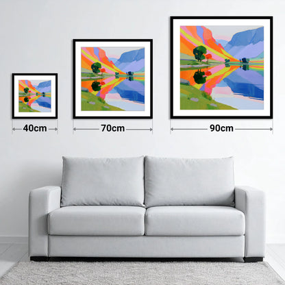 Bright Fells Reflected in Calm Lake - size guide showing 40cm, 70cm and 90cm art prints