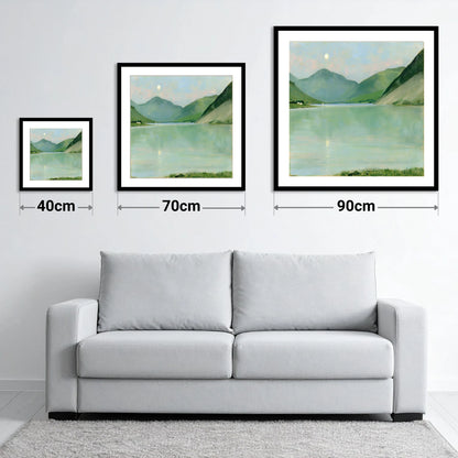 Pastel Moonrise Over Wastwater - size guide showing 40cm, 70cm and 90cm art prints