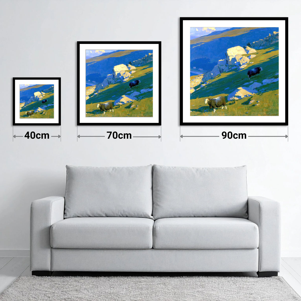 Herdwick Sheep on Sunlit Fell - size guide showing 40cm, 70cm and 90cm art prints