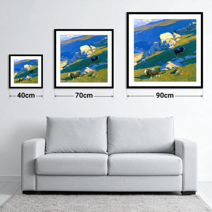 Herdwick Sheep on Sunlit Fell - size guide showing 40cm, 70cm and 90cm art prints
