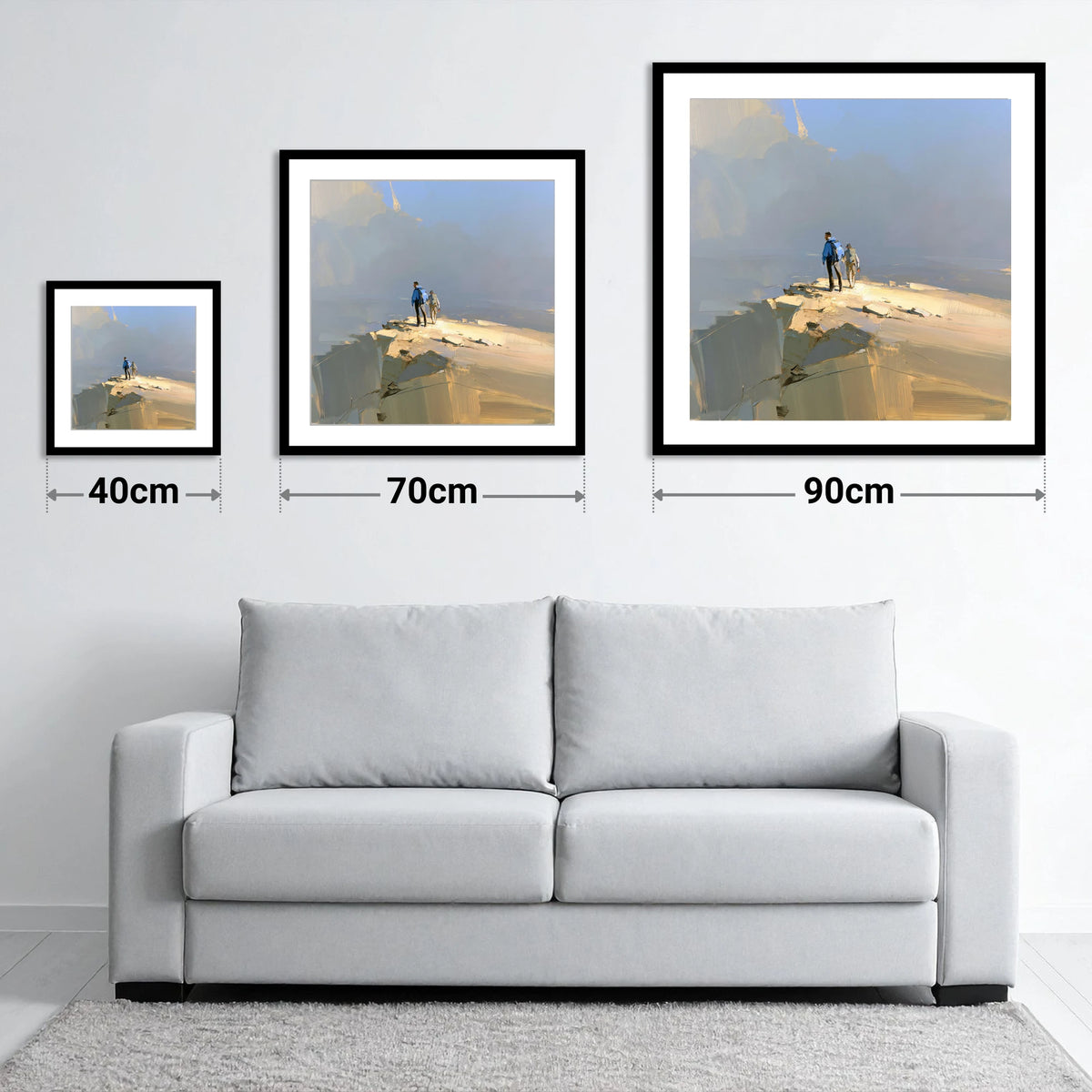 Hikers on Sunlit Fell Summit - size guide showing 40cm, 70cm and 90cm art prints
