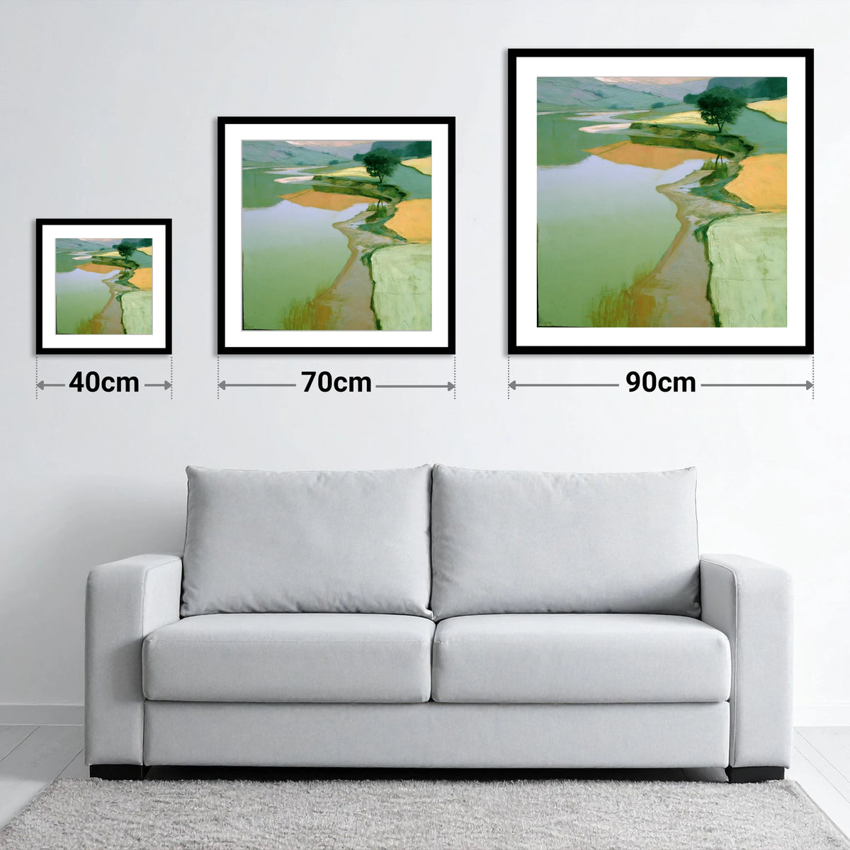 Winding Lake and Golden Fells - size guide showing 40cm, 70cm and 90cm art prints