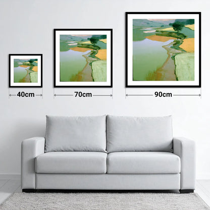Winding Lake and Golden Fells - size guide showing 40cm, 70cm and 90cm art prints