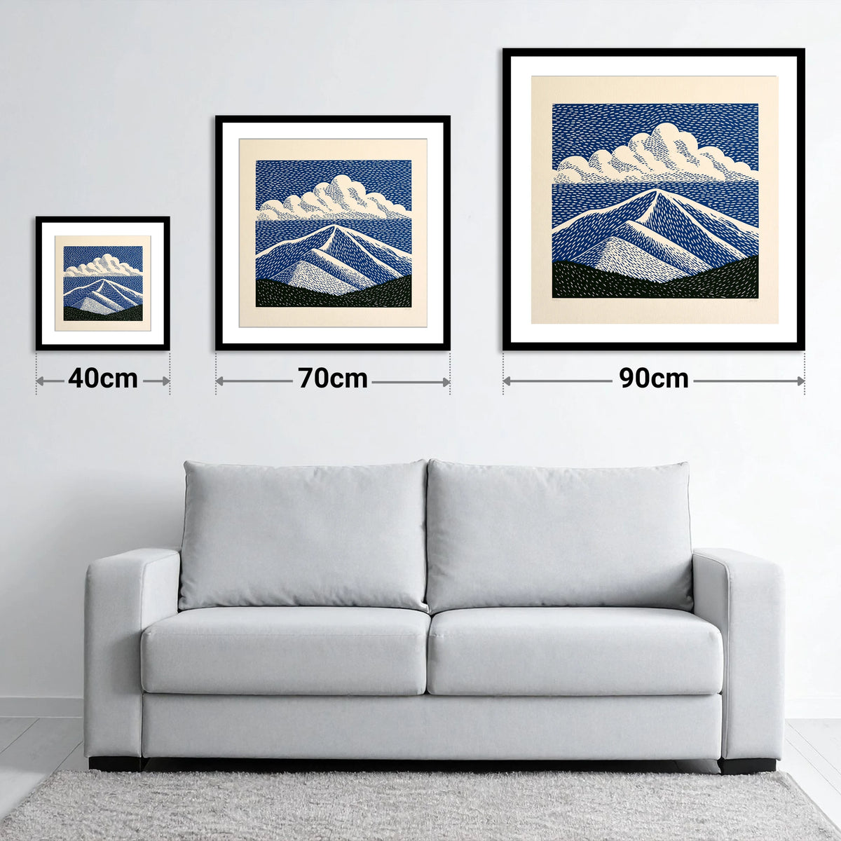Bold Navy Blue Skiddaw Peak - size guide showing 40cm, 70cm and 90cm art prints