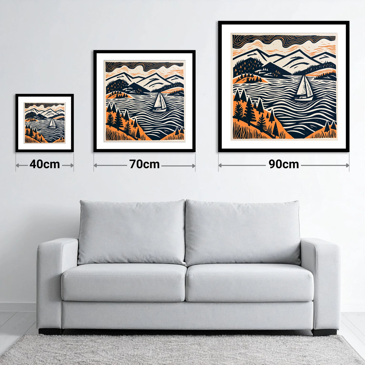 Windermere Sailboat in Terracotta and Navy - size guide showing 40cm, 70cm and 90cm art prints